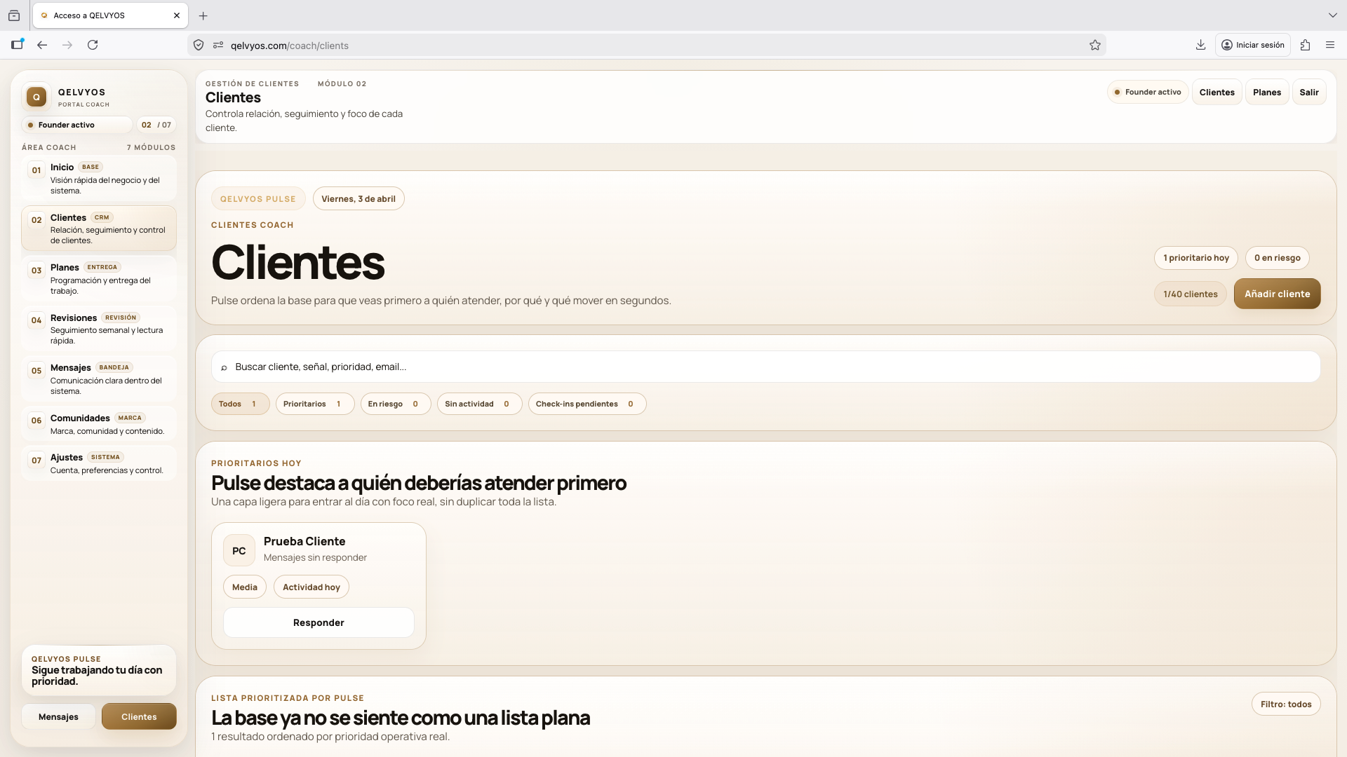 Vista de clientes en Qelvyos